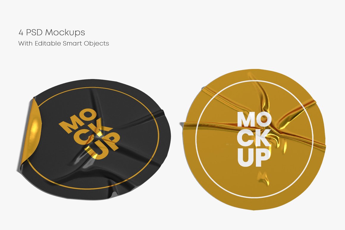 Image of marvelous round sticker mockups in black and gold color.