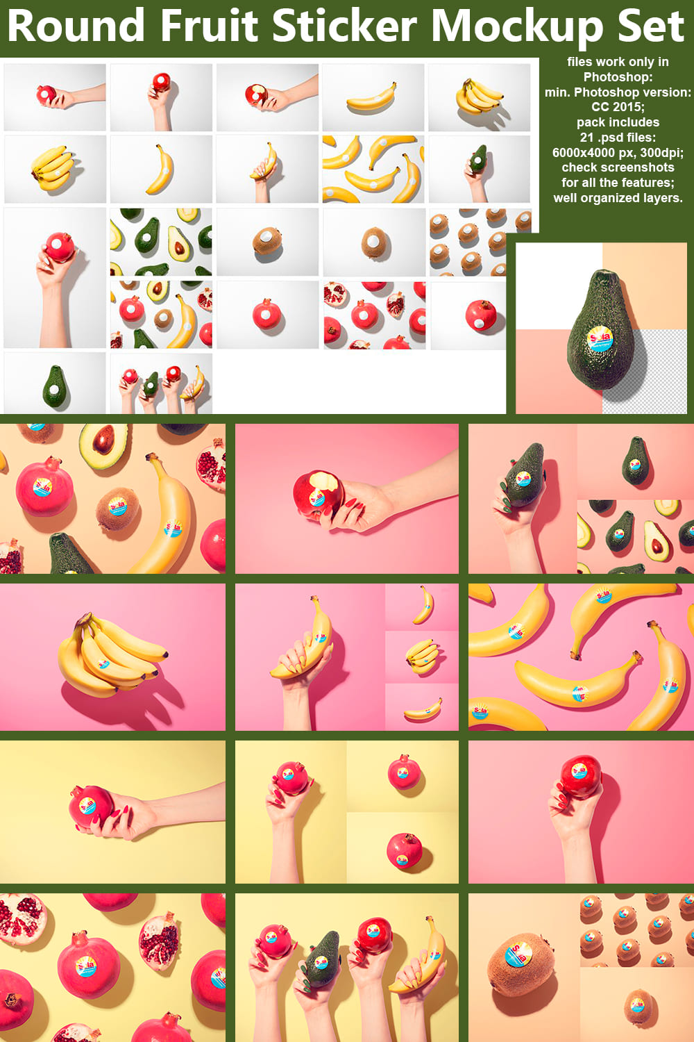 A set of fruit images with great round stickers.
