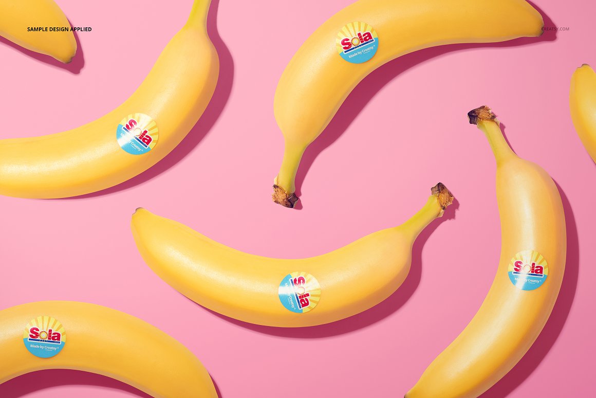 Pictures of bananas with fabulous round stickers.
