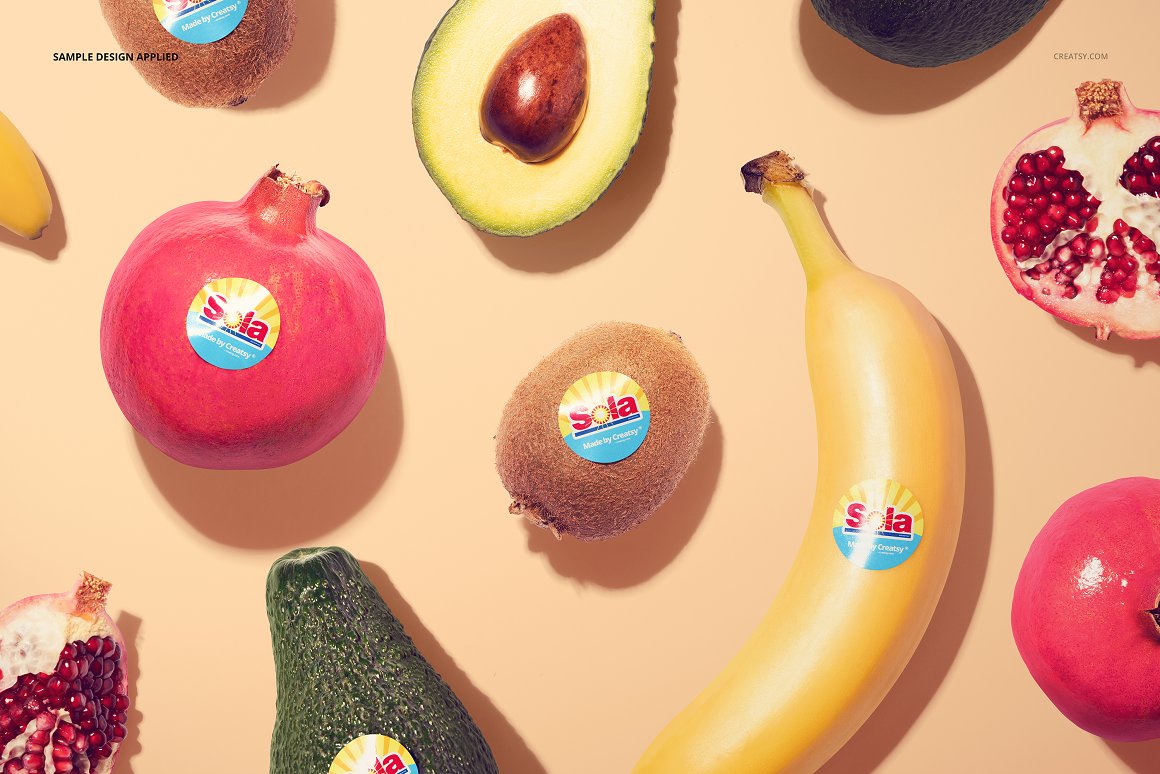 Photo of various exotic fruits with colorful stickers.