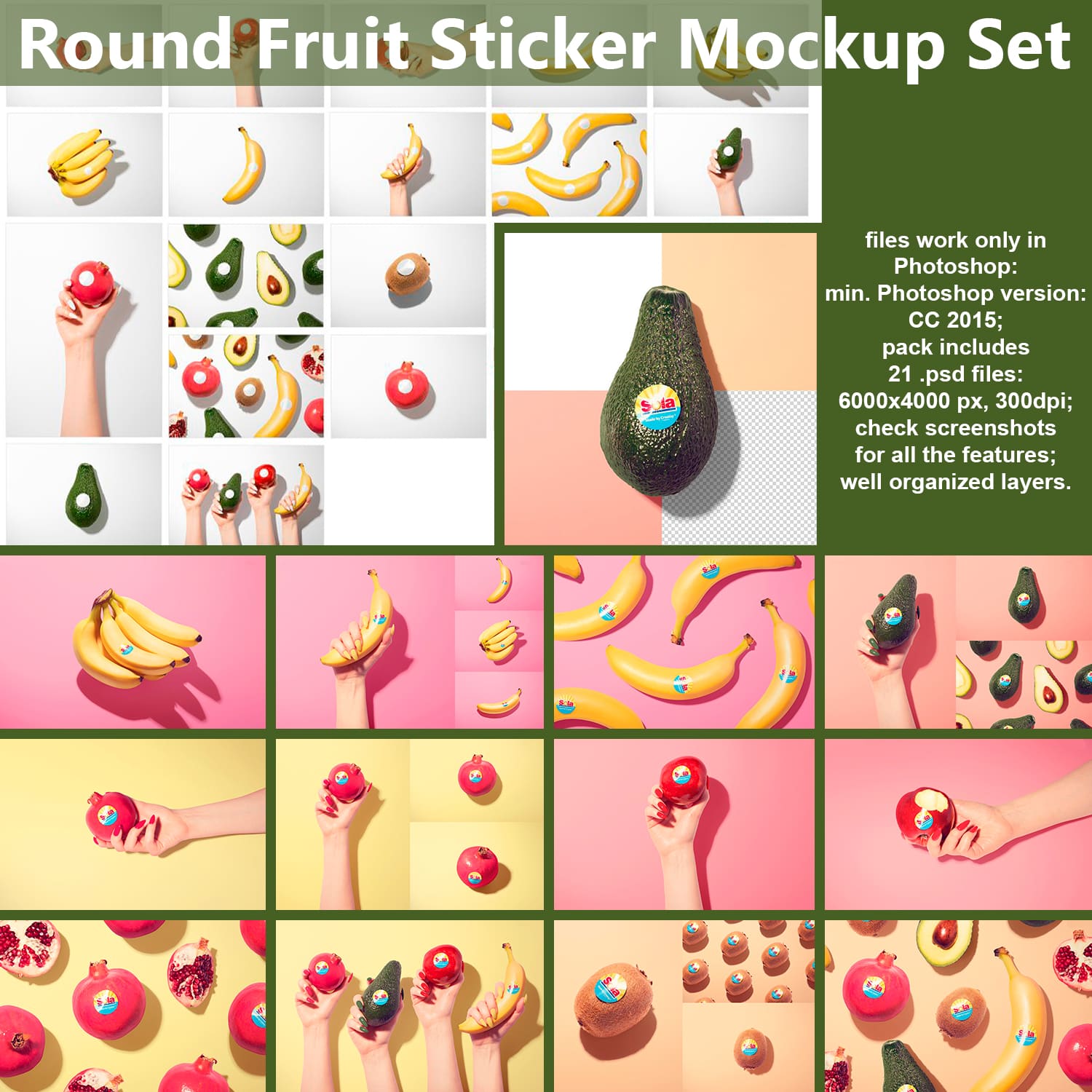 Collection of fruits images with adorable round stickers.