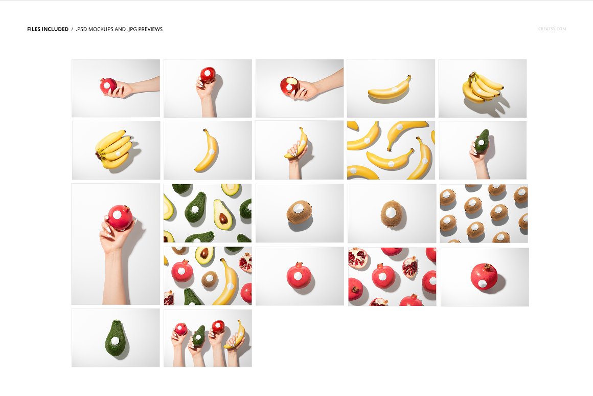 A collection of fruit images with enchanting round stickers.