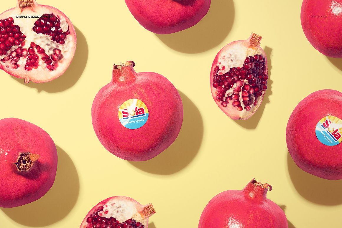 Images of pomegranates with lovely round stickers.