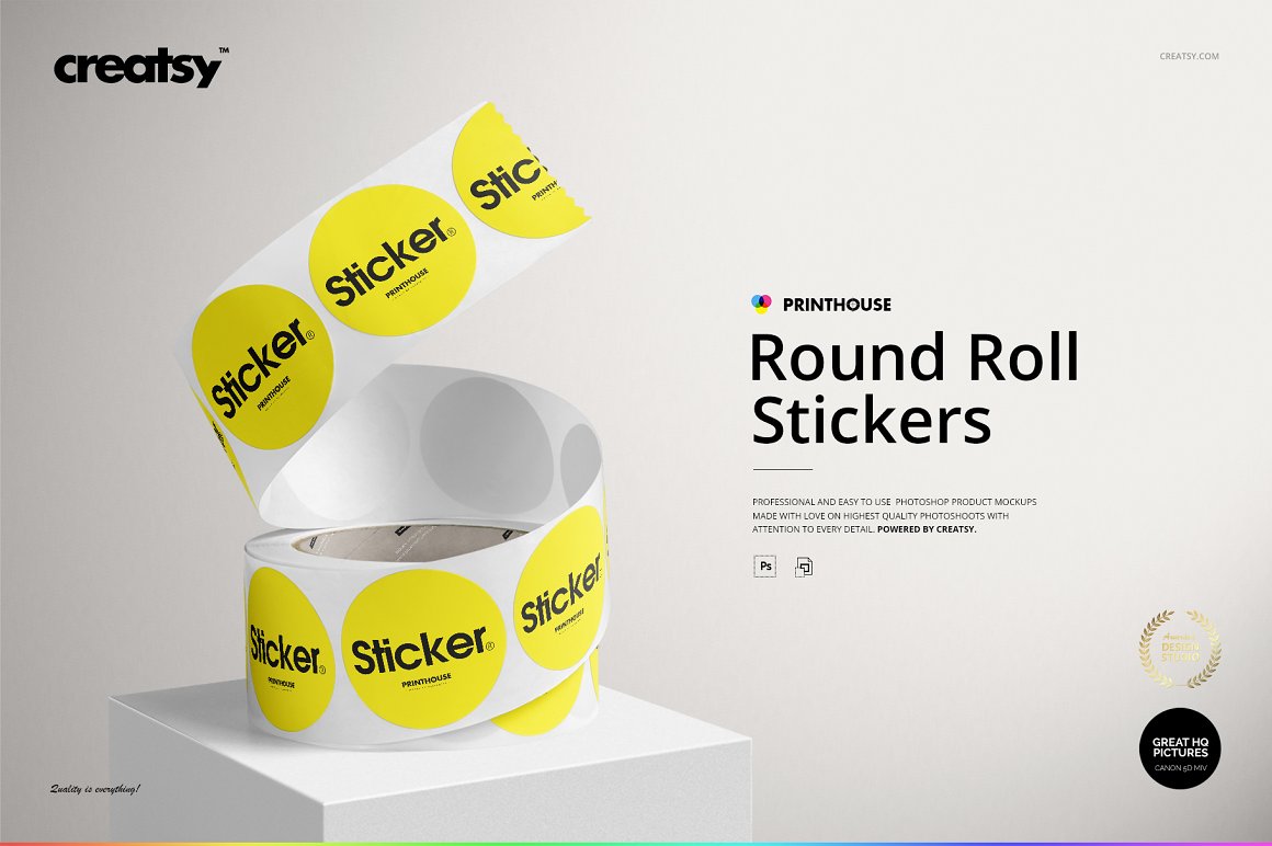 Images of adorable yellow round roll sticker mockup.