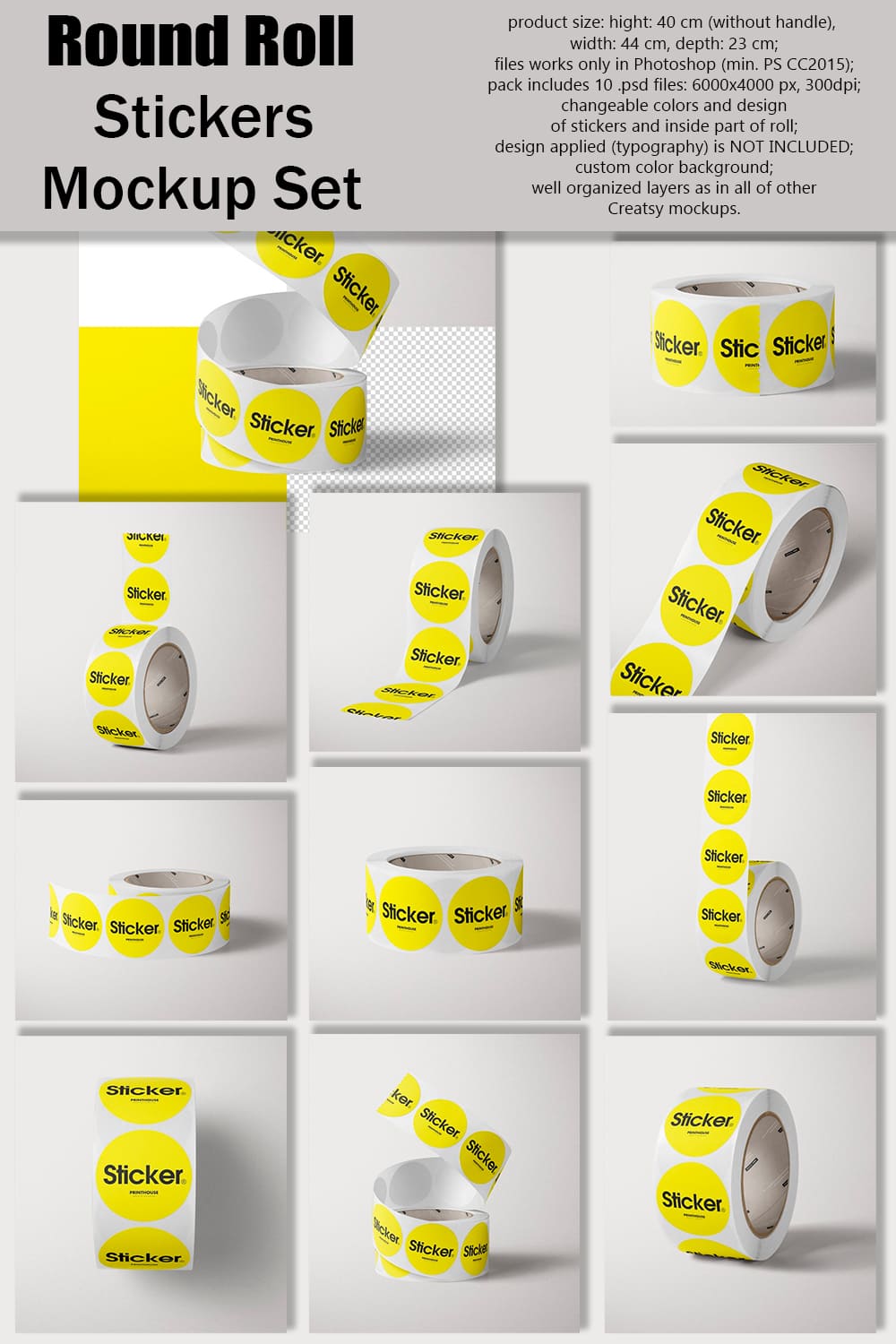 Set of colorful round roll stickers mockup images.