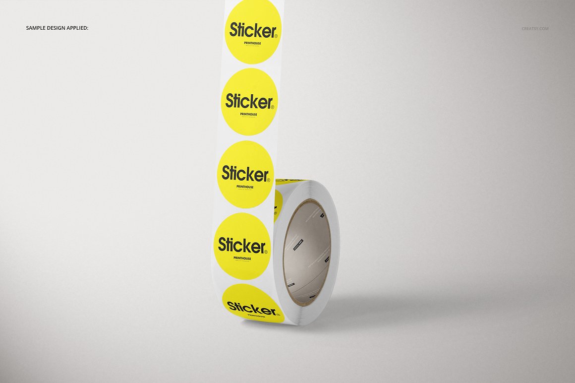 Colorful image of yellow round roll stickers mockups.