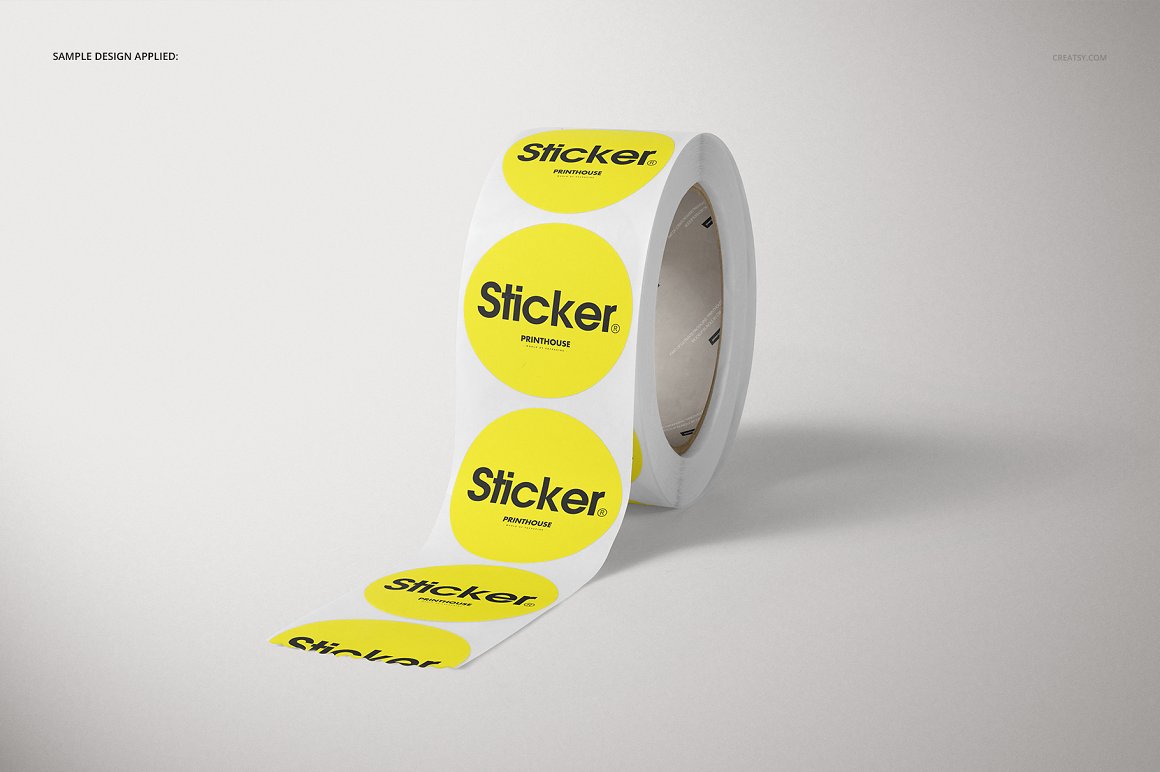 Images of enchanting mockups of yellow round roll stickers.
