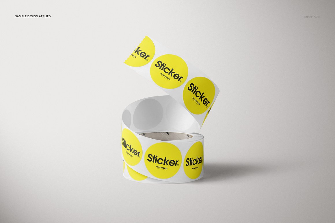 Images of irresistible yellow round roll stickers mockups.