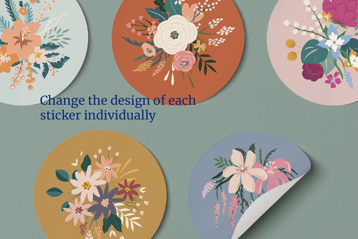 Images with adorable round stickers with pictures of flowers.