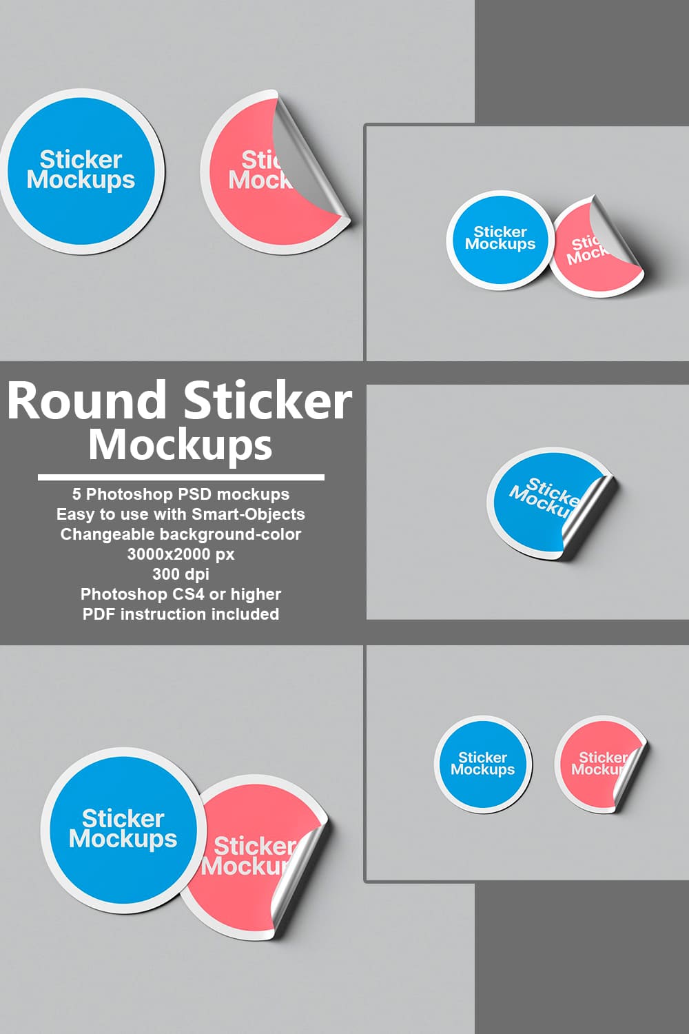 Set of images of colorful round stickers.