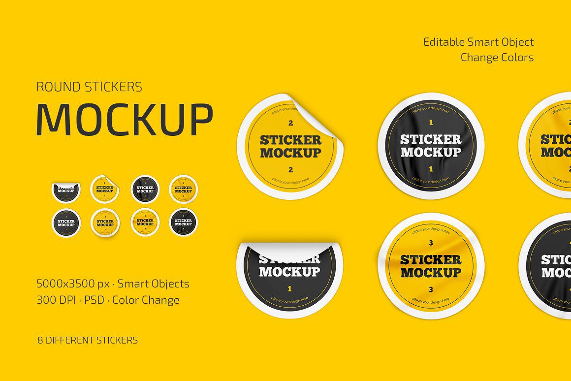 A selection of wonderful round stickers mockup.