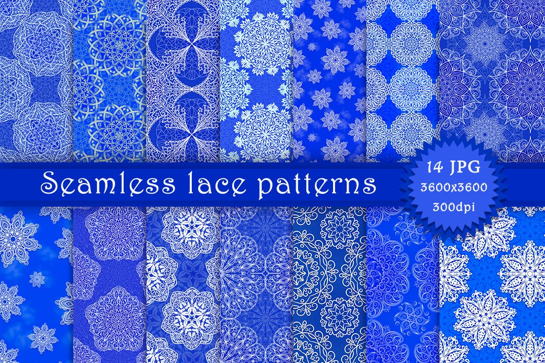 White lettering "Seamless Lace Patterns" and 14 different white-blue patterns.
