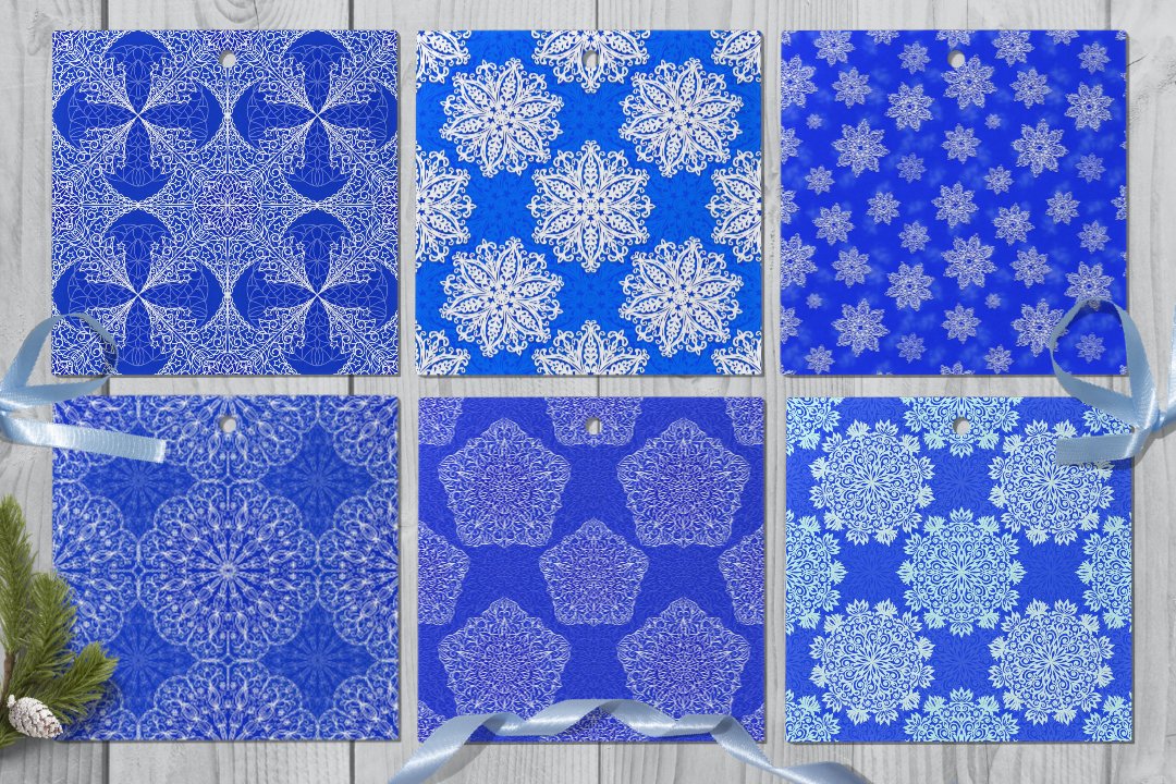 An example of 6 different white and blue seamless patterns.
