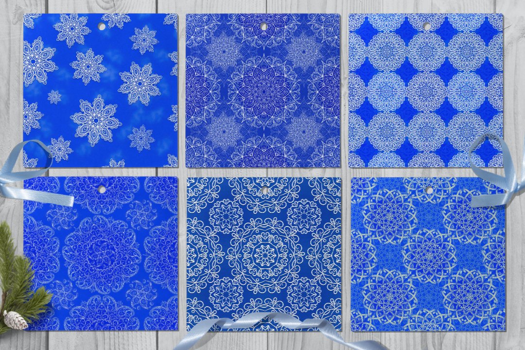 6 white seamless patterns on a blue backgrounds.