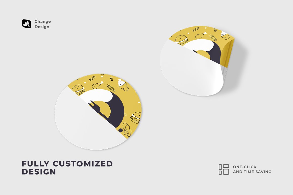 Image of gold round fast food stickers.