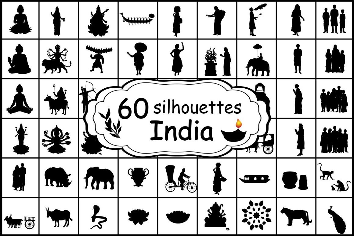 The black lettering "60 silhouettes India" and 54 different black silhouettes on a white background.