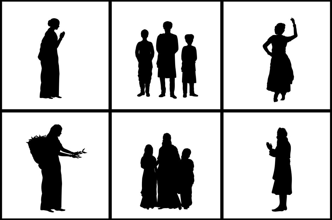 6 different black silhouettes India on a white background.