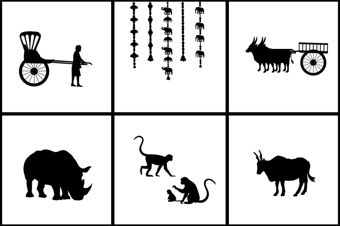 6 different black silhouettes India on a white background.