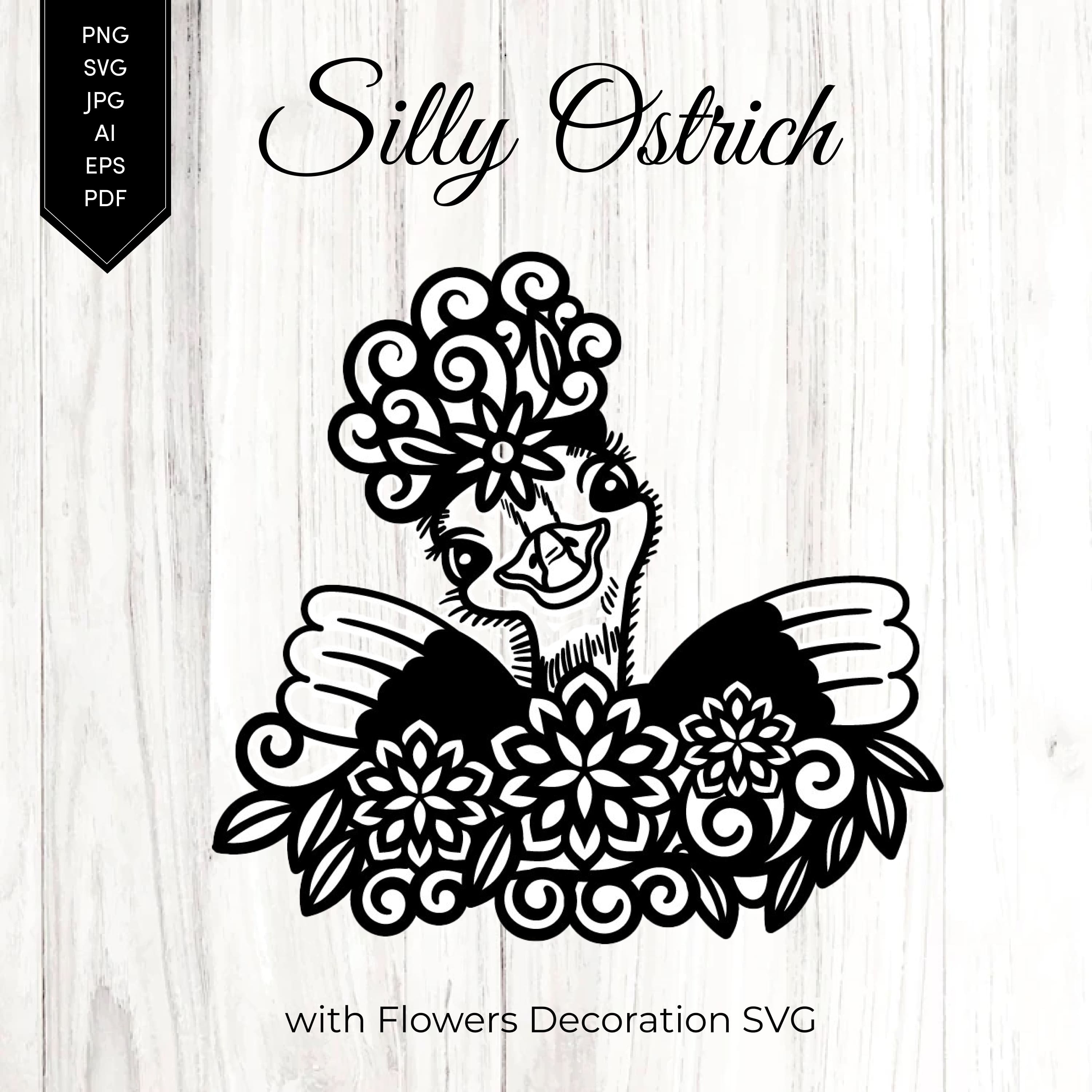 Silly Ostrich with Flowers Decoration SVG.