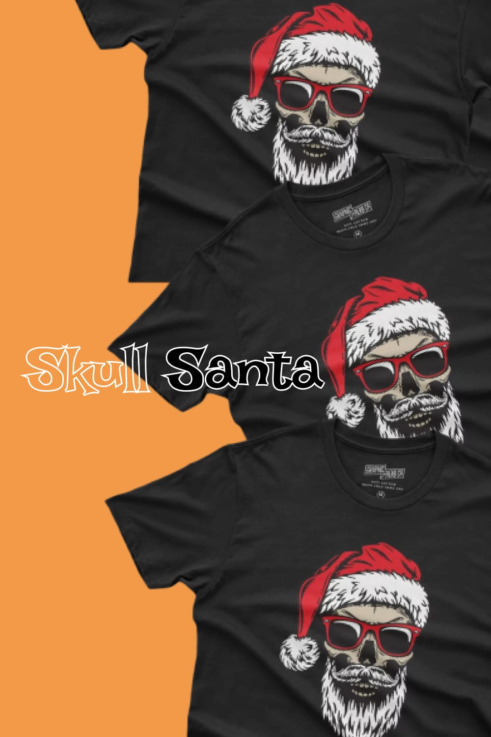 A set of black t-shirts with a print of very scary zombies Santa.
