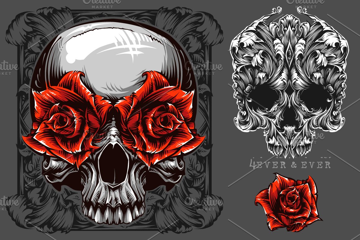 Skull with red flowers.