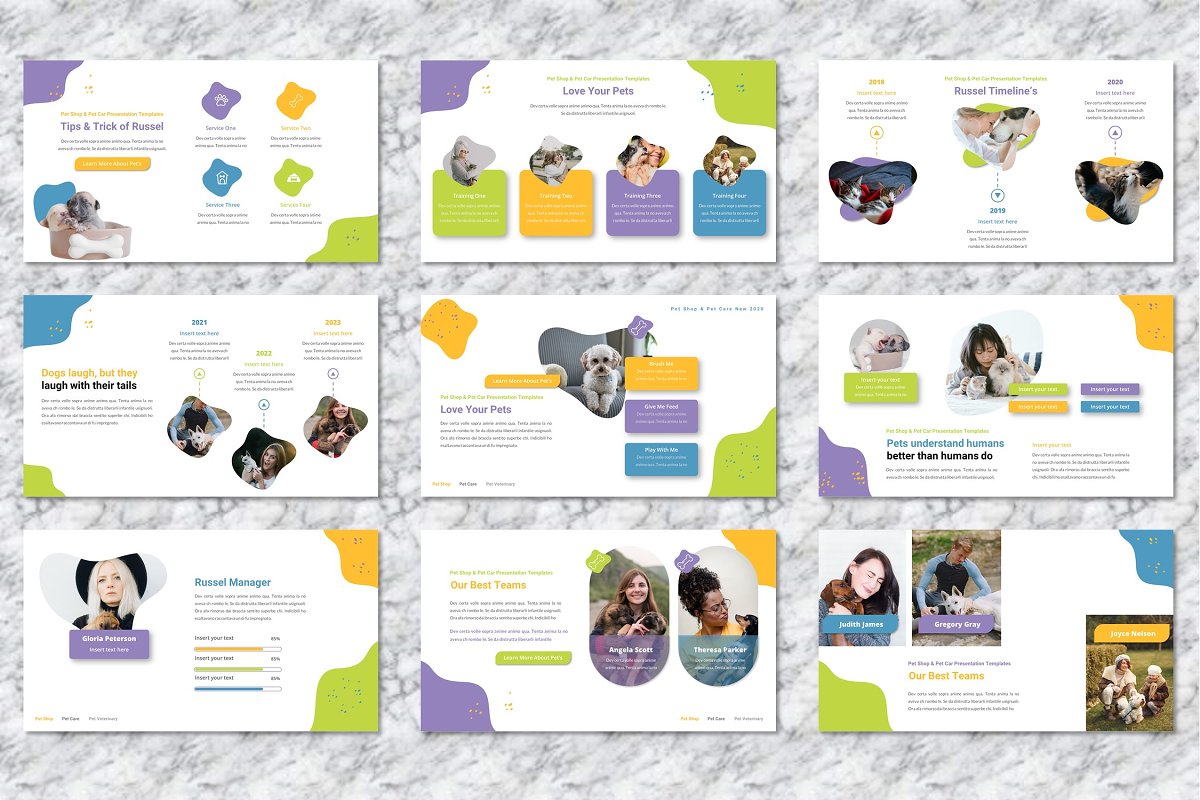 Colorful slides with images on the white background.