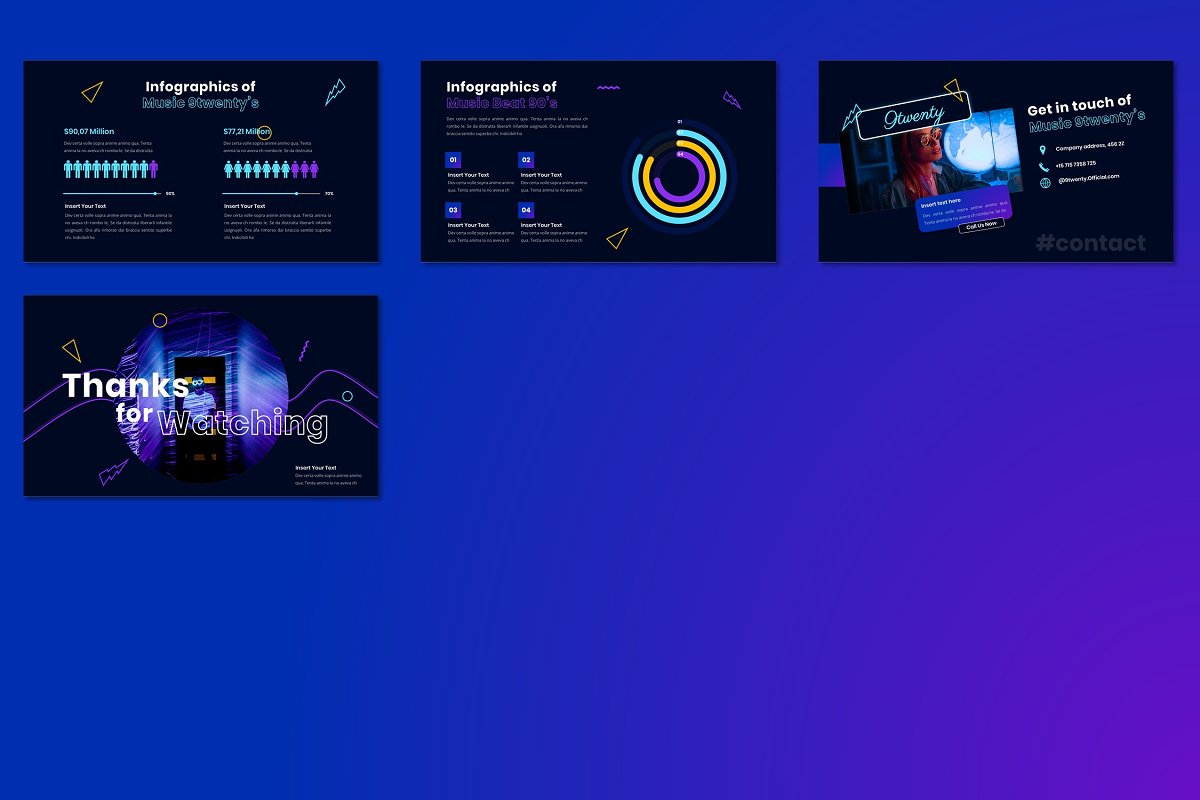 Colorful slides with graphic elements and infographics.