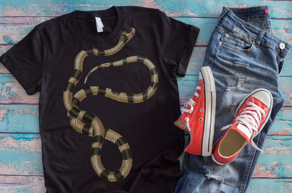 Black T-shirt with an image of an amazing wild snake.