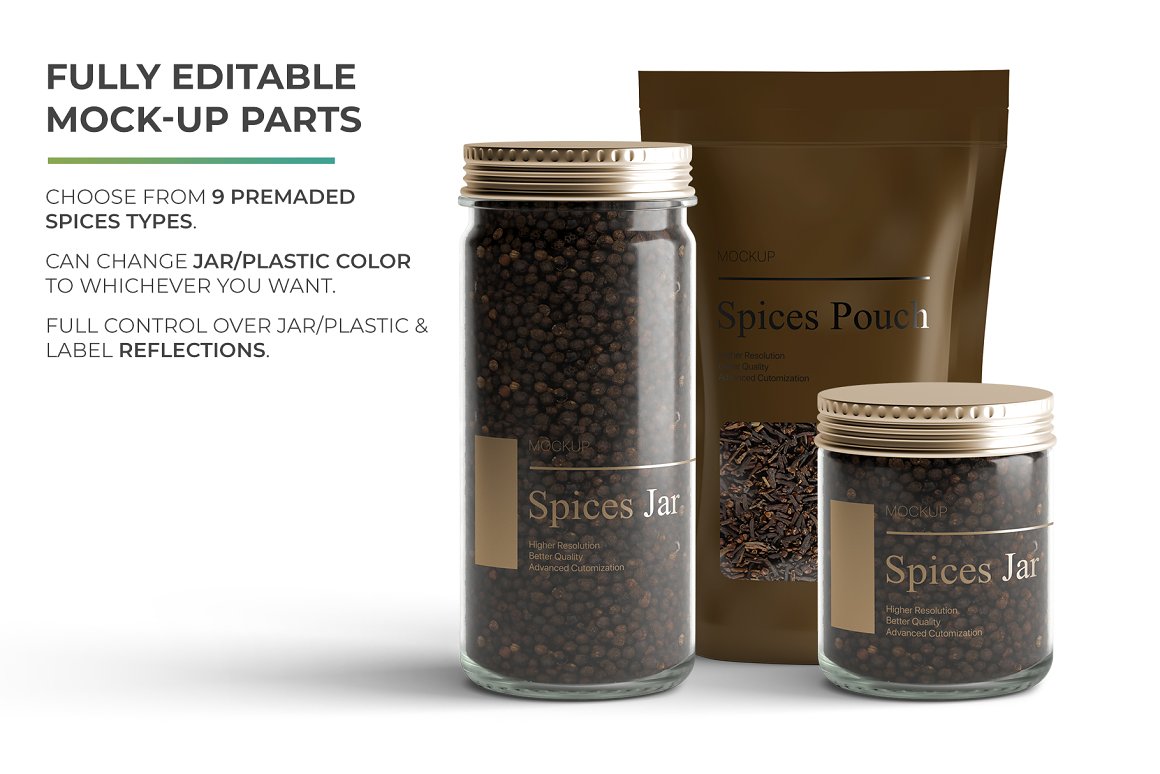 A set of 2 glass spice jars with a brown cover and brown label and a brown zip bag with spices.