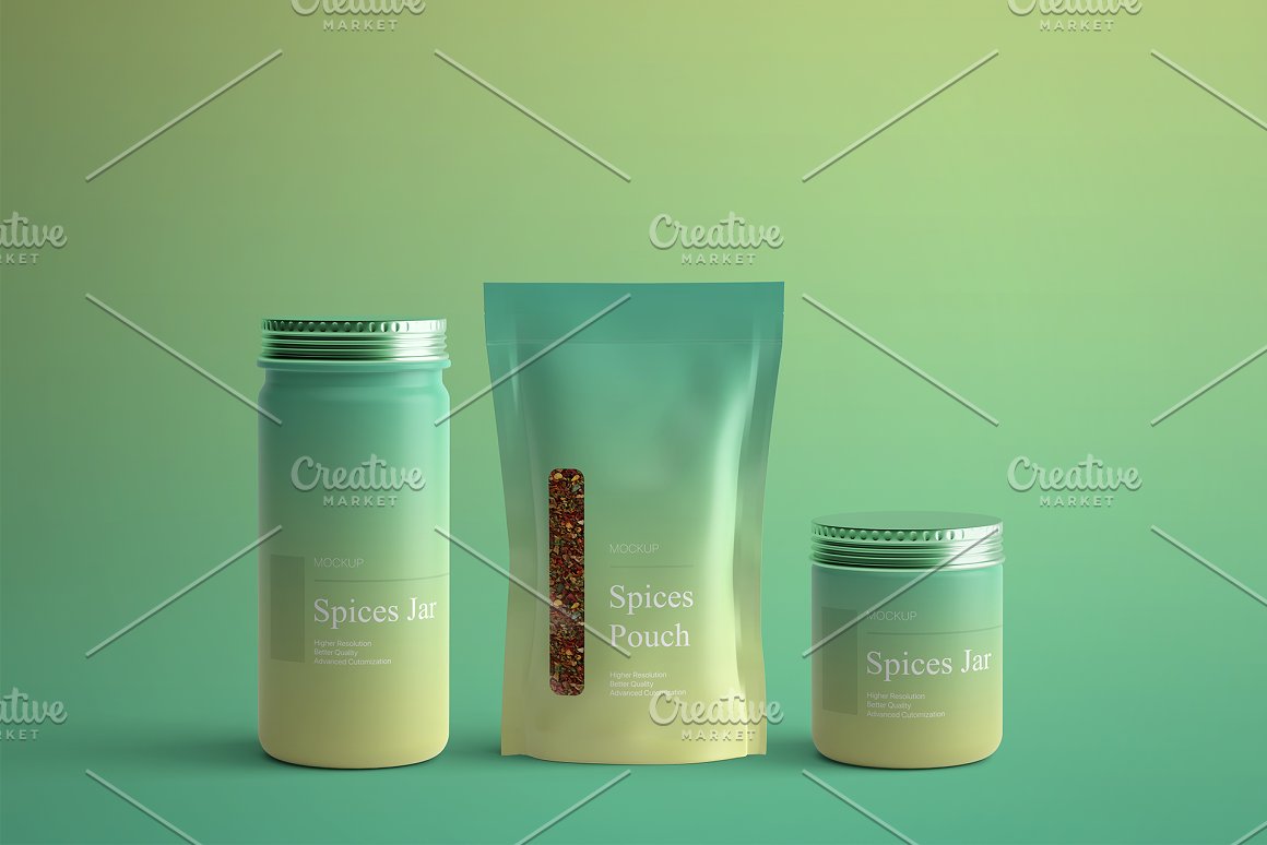 A set of 2 glass spice jars with a silver cover and gradient mint and beige label and a gradient mint and beige zip bag with spices on a same gradient background.