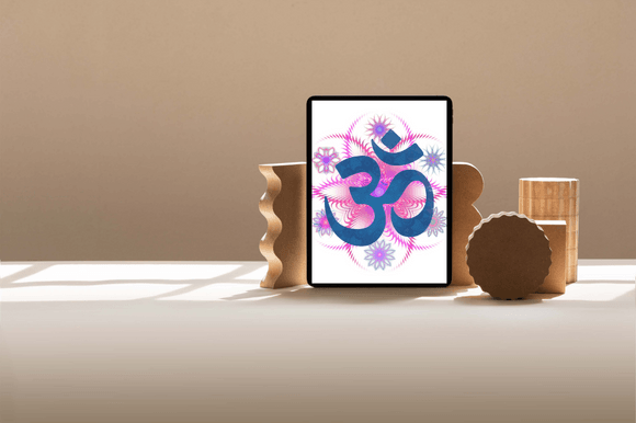 A Purple Icon - Om With Mandala Graphic on a white background in brown frame.