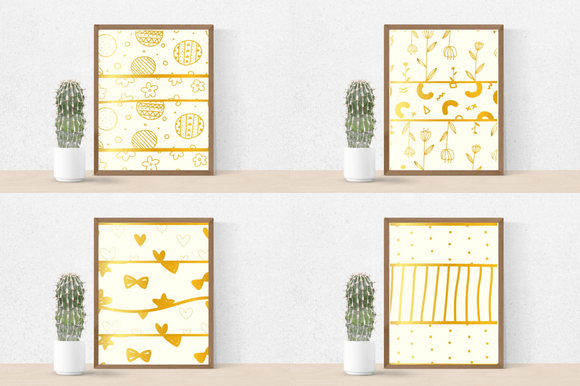 4 different golden images in brown frames, and cactus in pot.