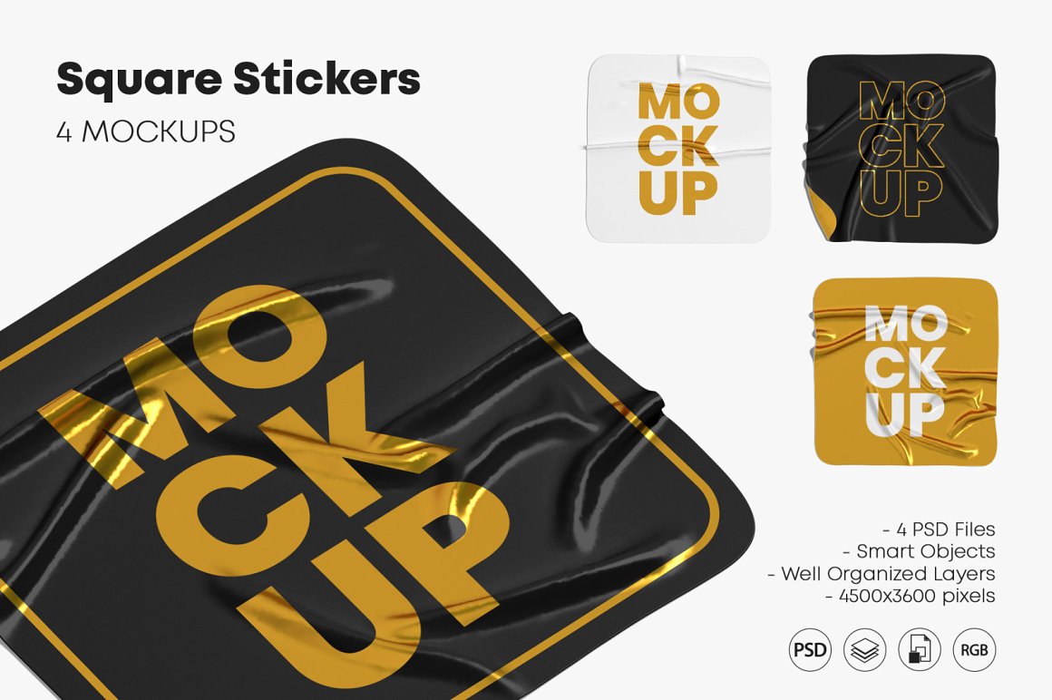 Image of enchanting square crumpled stickers mockup.