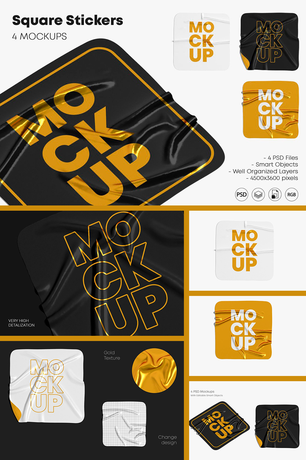 Collection of images of gorgeous square crumpled sticker mockups.