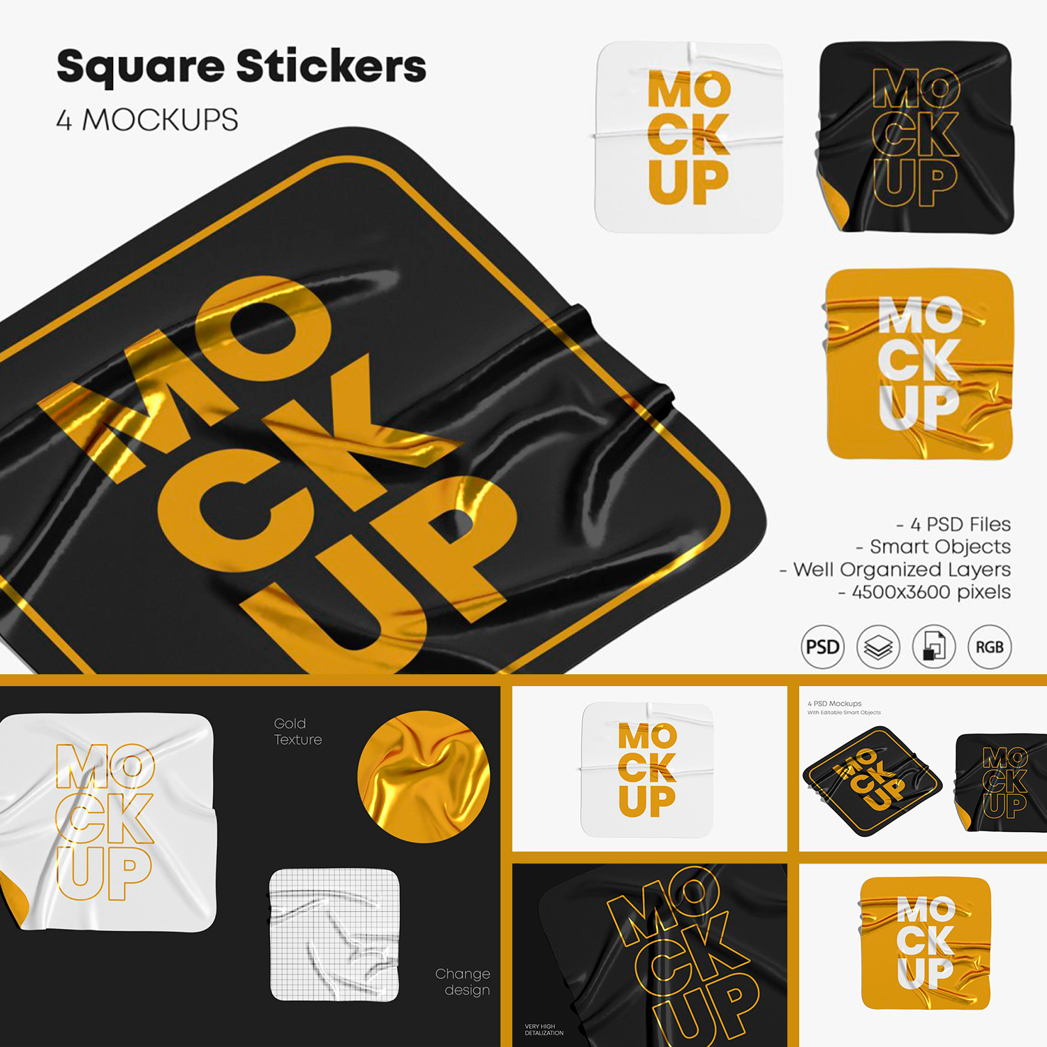 Set of images of adorable square crumpled stickers.