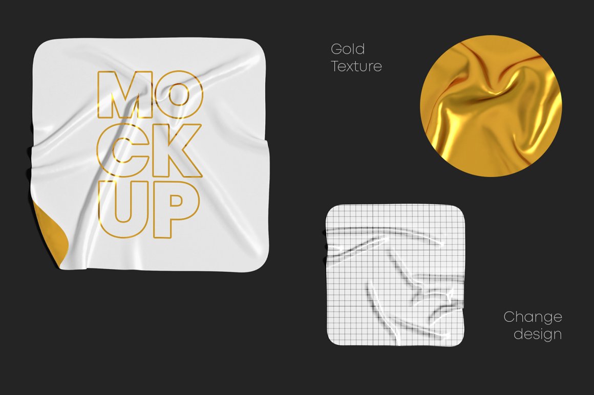 Image of irresistible gold textured square crumpled sticker mockup.