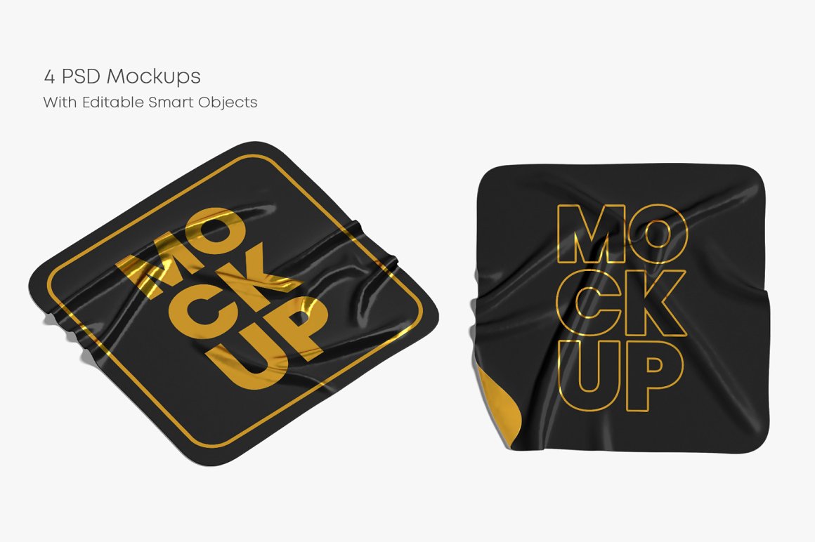 Images of a colorful square crumpled stickers in gold and black.
