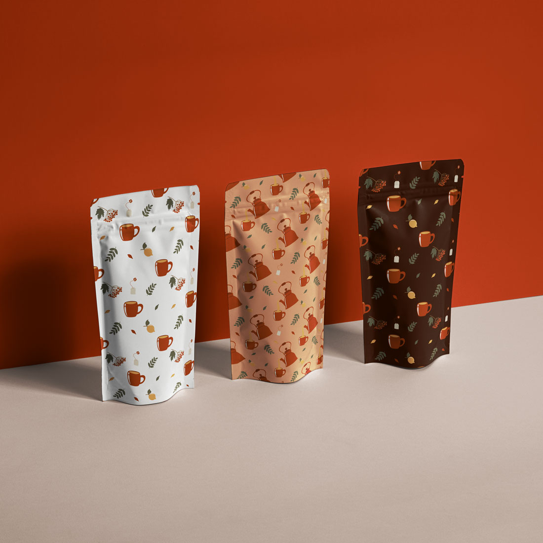 Fall Patterns Stand Up Pouch Packaging Presentation Mockup Preview image.