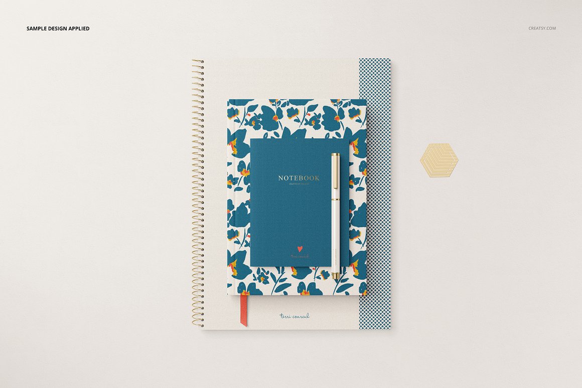 Images of stationery with patterns of flowers in blue.