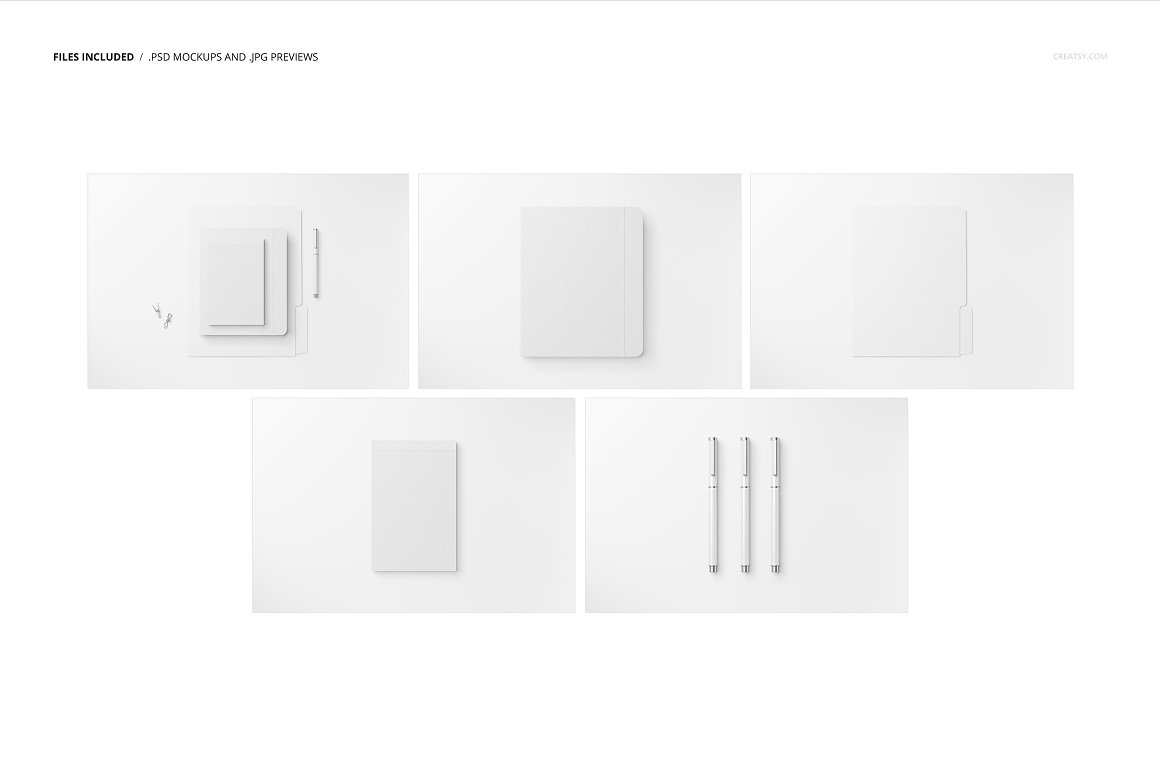 Set of images of office supplies in white color.