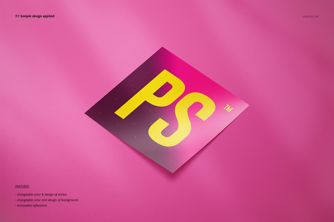 Images of a lovely sticker in pink color with a yellow inscription.