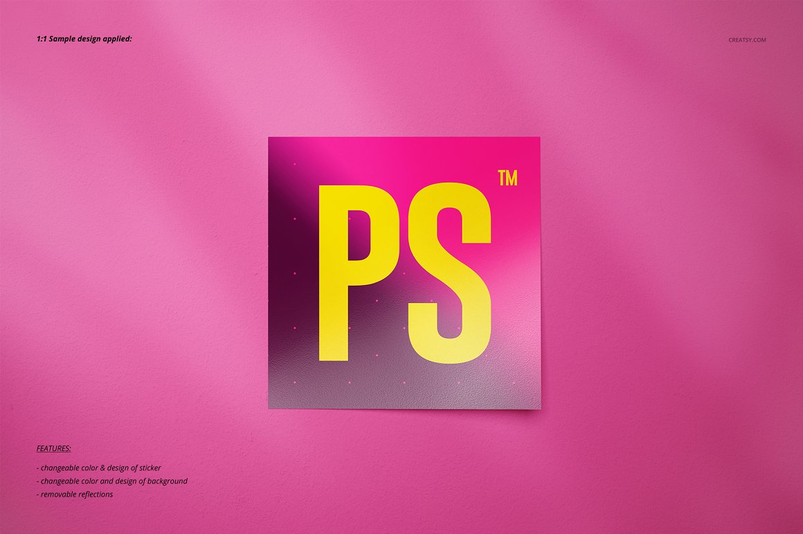 Images of a colorful pink sticker with a yellow inscription.