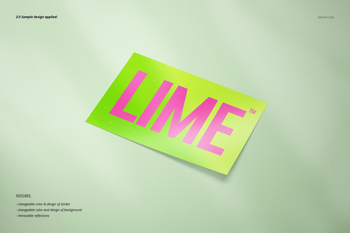 Images of a wonderful light green sticker with a pink inscription.
