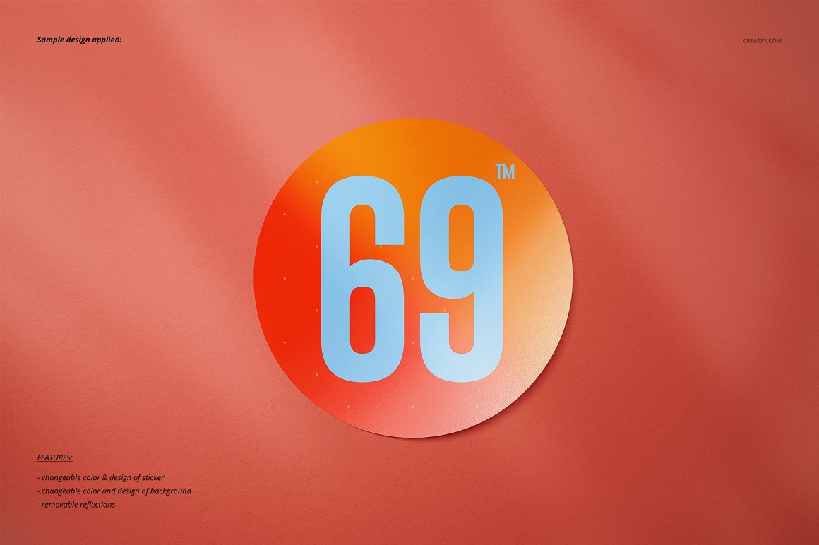 Images of charming sticker in orange color with numbers 69.