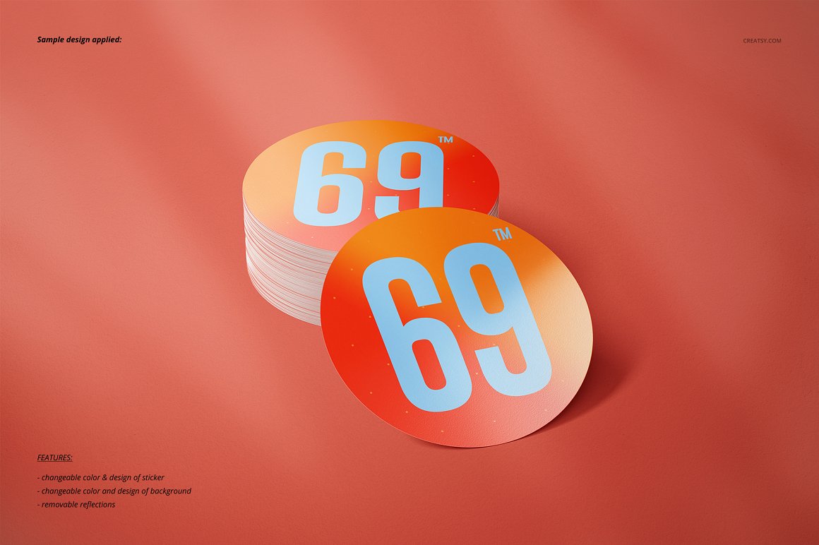 Images of lovely stickers in orange with the number 69.