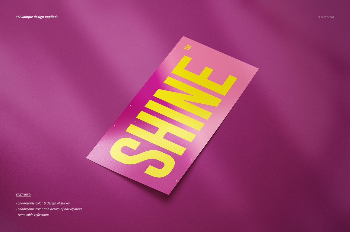 Images of colorful pink sticker with yellow inscription.