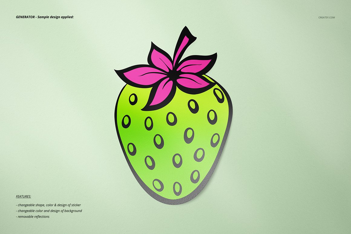 Images of a colorful sticker in the form of a shape of a strawberry in green.