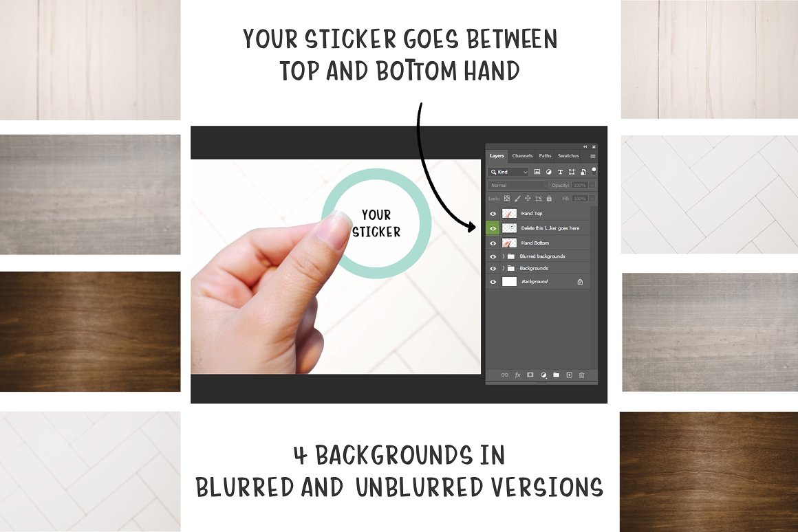 Description of working with a sticker layout in Photoshop.