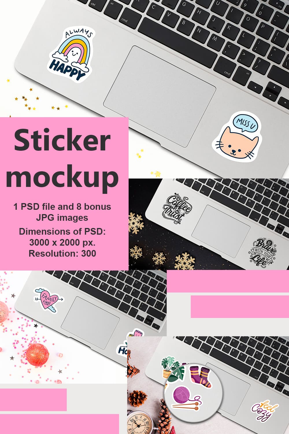 Set of laptop images with great stickers.