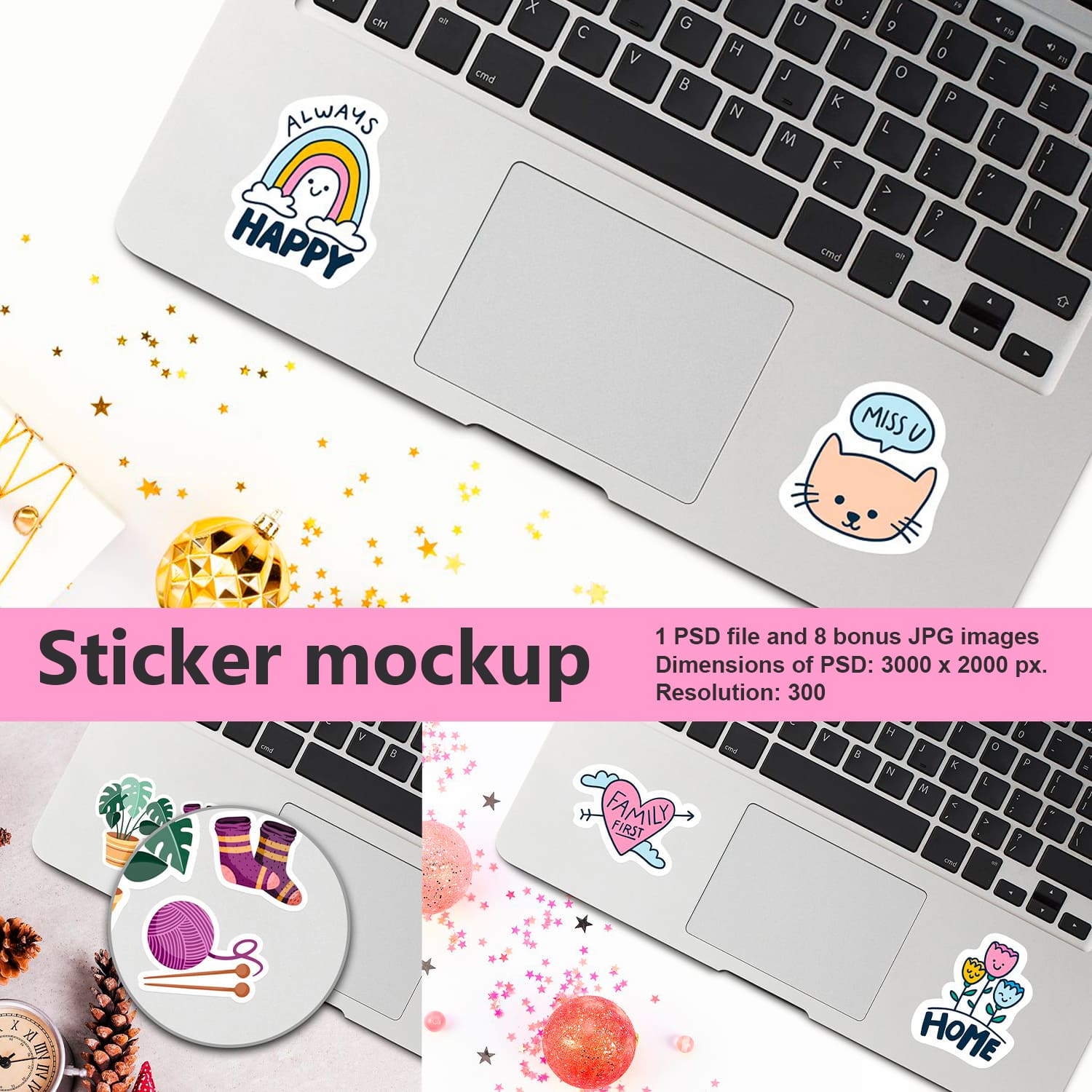 Collection of laptop images with adorable stickers.
